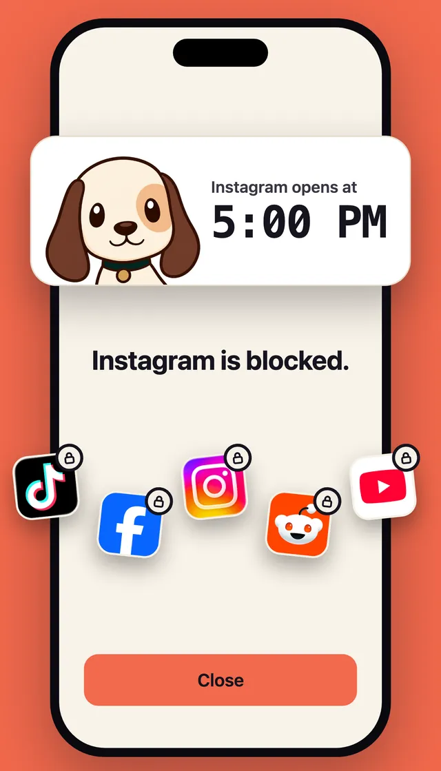 Instagram is blocked. A card with the hound says Instagram opens at 5:00 PM, and the TikTok, Facebook, Instagram, Reddit and YouTube icons are locked.