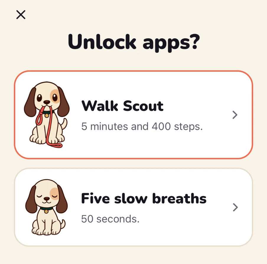 FocusHound’s Unlock apps screen offering Walk Scout for five minutes and 400 steps, or Five slow breaths for 50 seconds.