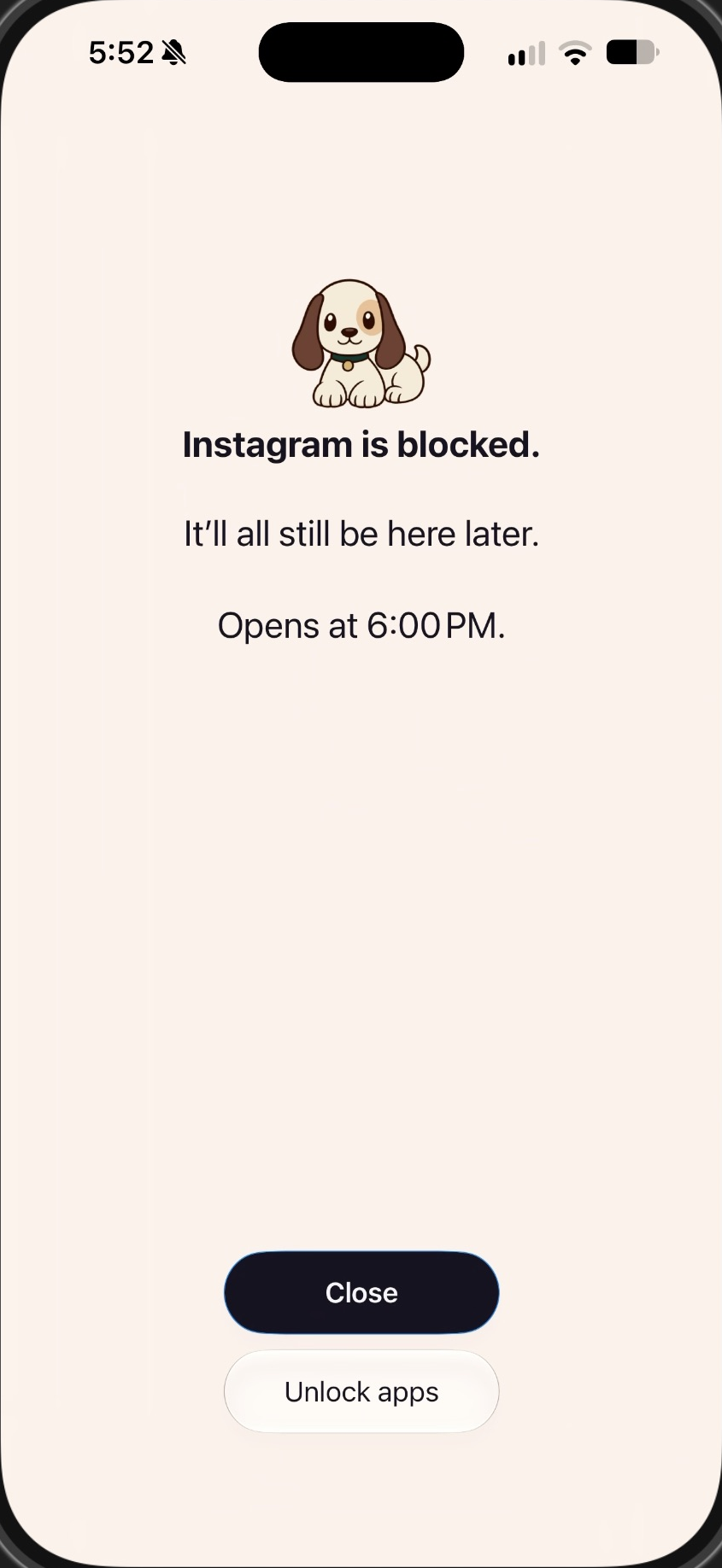 FocusHound blocking Instagram, with the message Instagram is blocked and Opens at 6:00 PM.