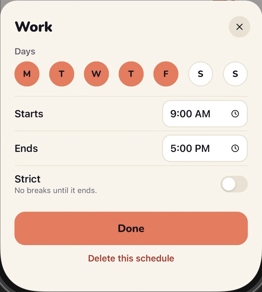 FocusHound Work schedule editor with Monday through Friday selected, starting at 9 AM and ending at 5 PM, with Strict mode off.