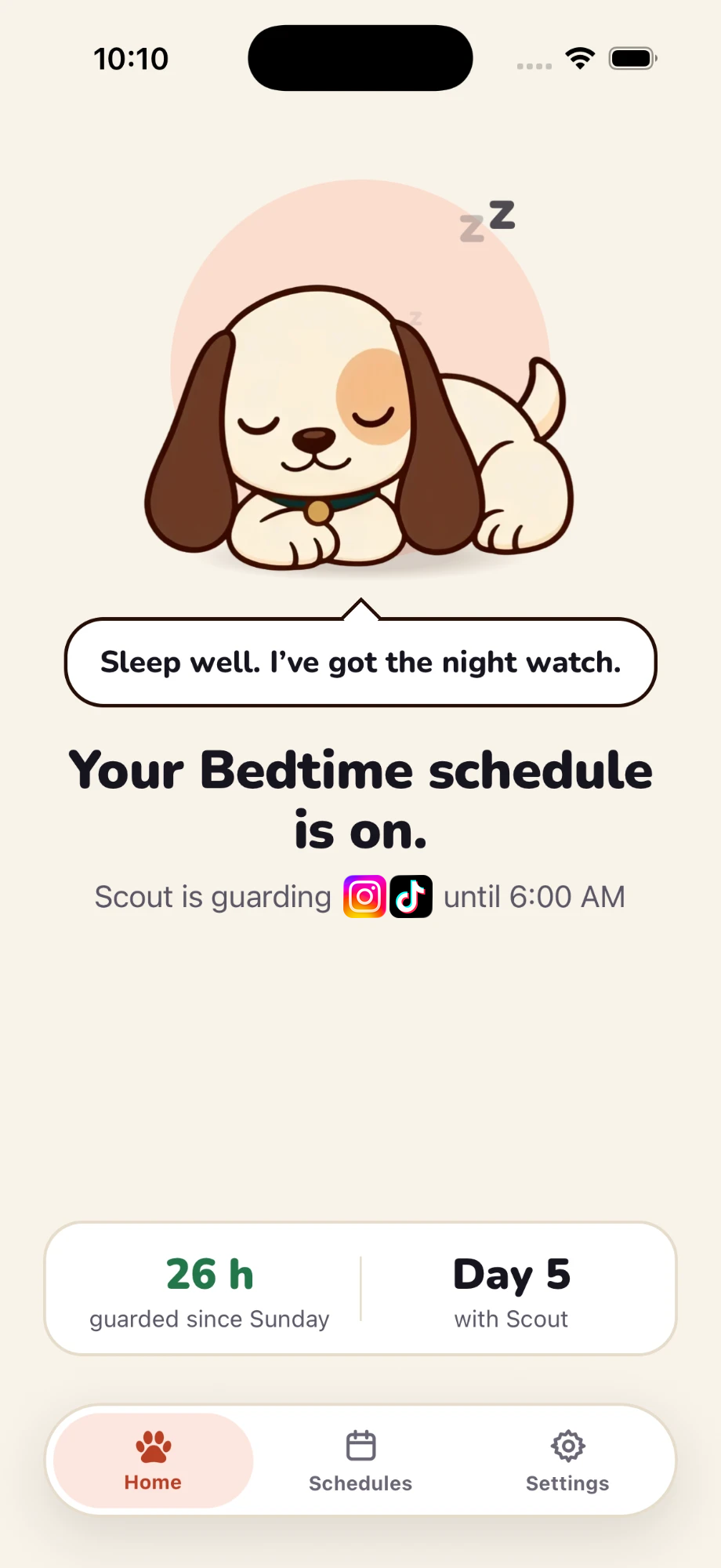 FocusHound Home screen showing an active Bedtime schedule guarding Instagram and TikTok until 6 AM.