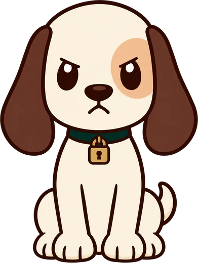 The hound sitting stern, with a padlock on his collar.