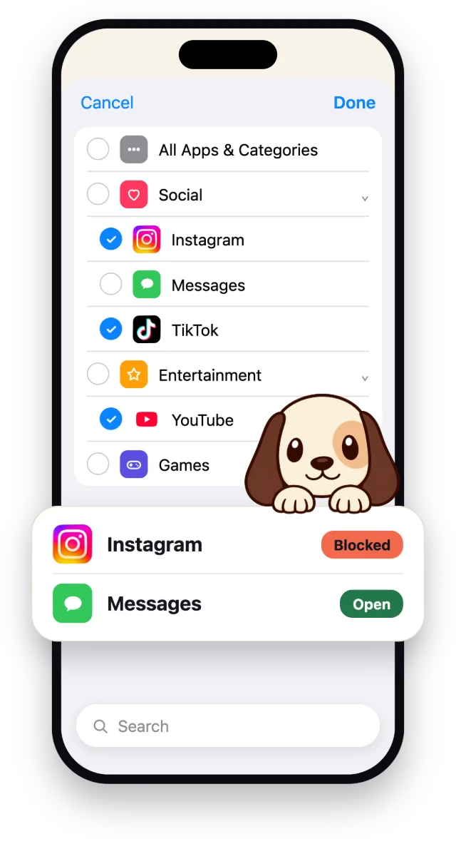 Apple’s list of apps with Instagram, TikTok and YouTube ticked. The hound peeks over a card that shows Instagram blocked and Messages open.