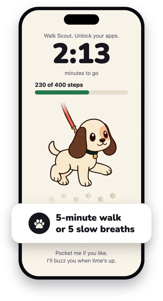 The walk screen: “Walk Scout. Unlock your apps.”, 2:13 minutes to go, 230 of 400 steps, the hound trotting on his leash, and a card that reads: 5-minute walk or 5 slow breaths.