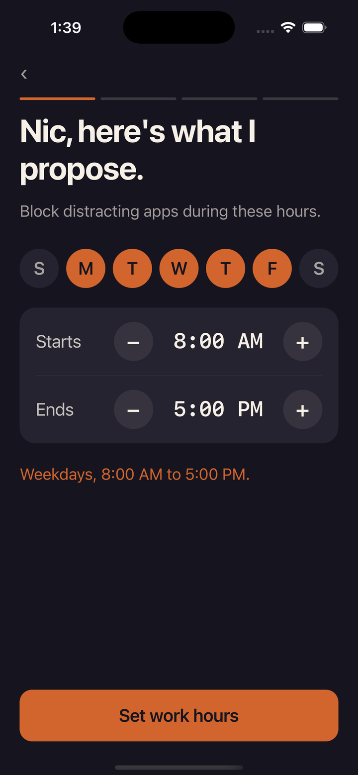 The work hours screen: weekdays selected, 8:00 AM to 5:00 PM, and a Set work hours button.